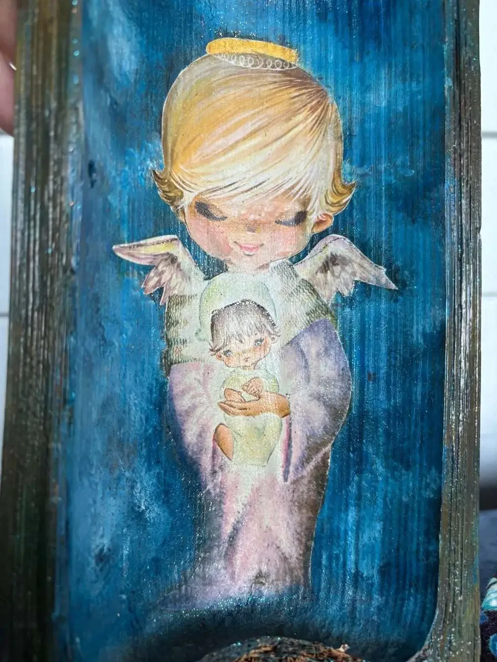 Vintage Retro Kitschy Angel with Baby Wall Art Plaque on Curved Wood Bark